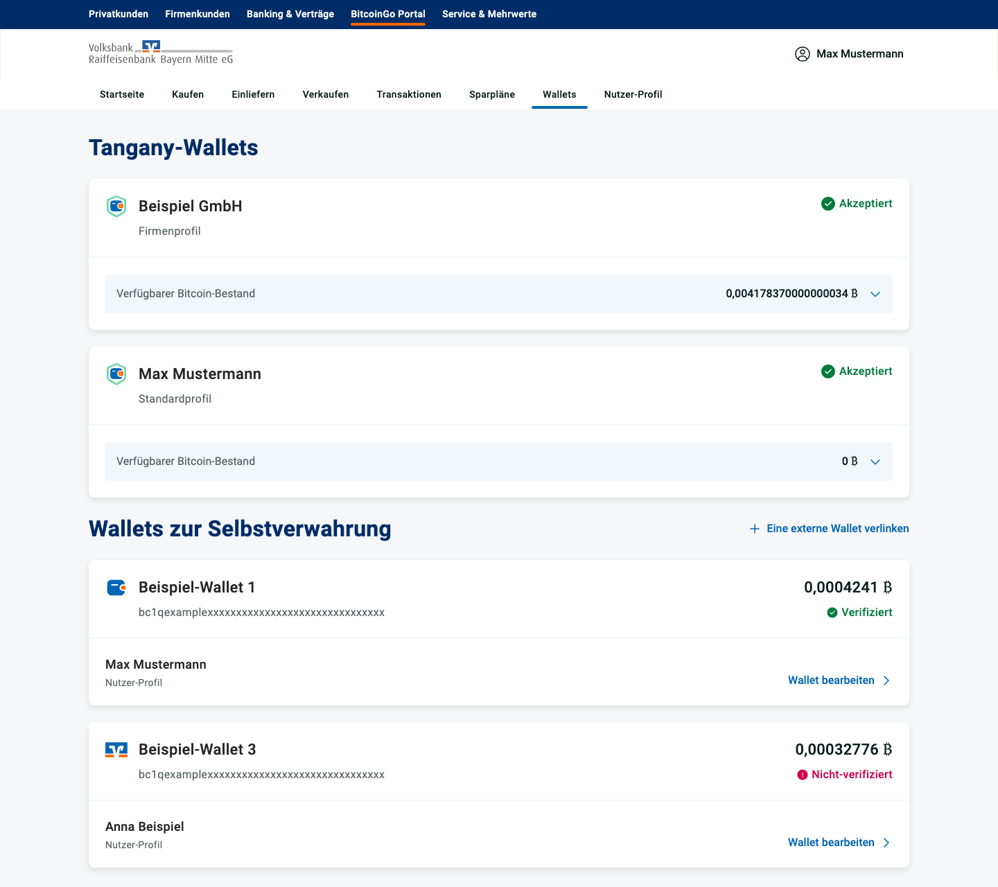 Wallets list with the 'Link external wallet' action.